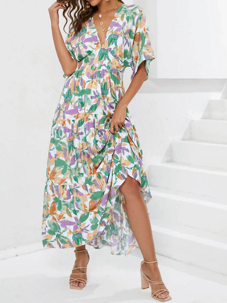 Floral Print V-neck Boho Midi Dress - MimiStylez