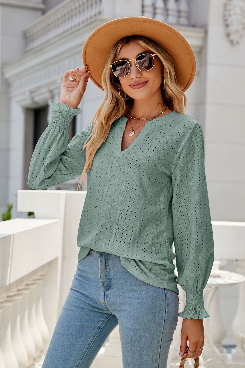 Notched Flounce Sleeve Eyelet Top