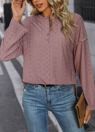 Eyelet Round Neck Long Sleeve Top - MimiStylez
