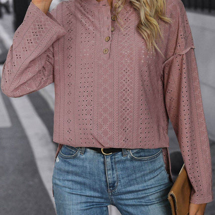 Eyelet Round Neck Long Sleeve Top - MimiStylez