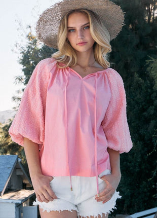 ODDI Full Size Poplin Bubble Sleeve Blouse - MimiStylez