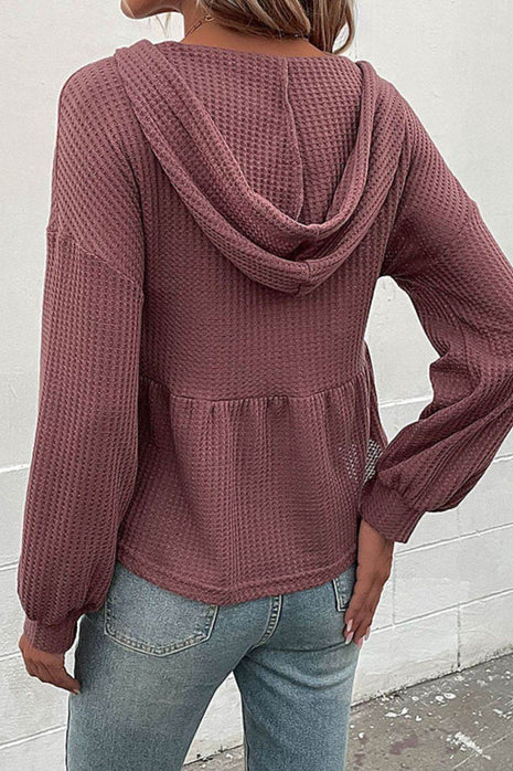 Waffle-Knit Buttoned Drop Shoulder Hoodie - MimiStylez
