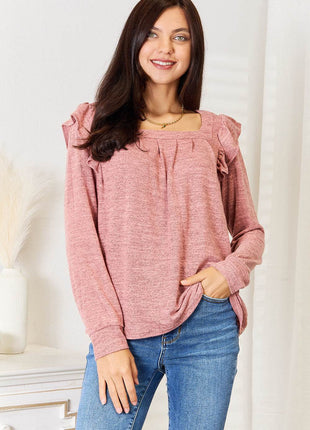 Double Take Square Neck Ruffle Shoulder Long Sleeve T-Shirt - MimiStylez