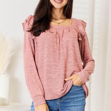 Double Take Square Neck Ruffle Shoulder Long Sleeve T-Shirt - MimiStylez