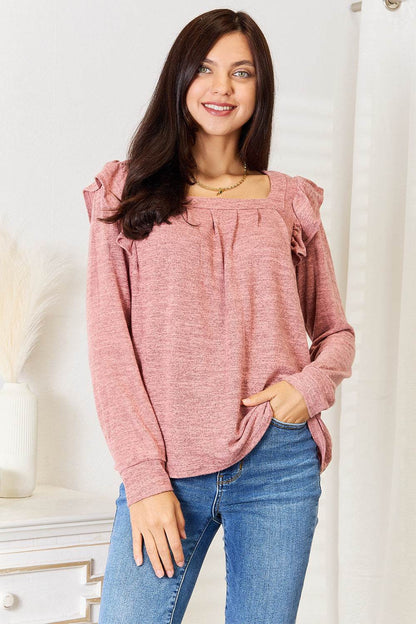 Double Take Square Neck Ruffle Shoulder Long Sleeve T-Shirt - MimiStylez