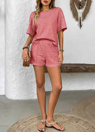 Striped Round Neck Short Sleeve Top and Shorts Set - MimiStylez