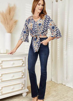 Tie Hem V-Neck Three-Quarter Sleeve Blouse - MimiStylez
