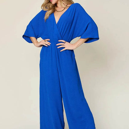 Double Take Full Size Surplice Wide Leg Jumpsuit with Pockets - MimiStylez