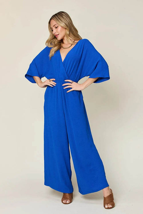 Double Take Full Size Surplice Wide Leg Jumpsuit with Pockets - MimiStylez