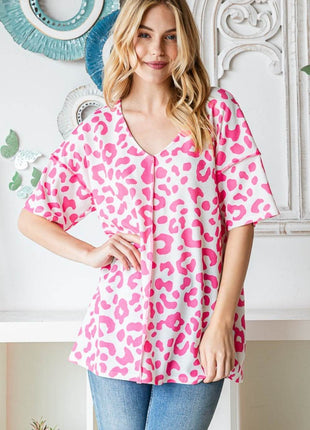 Heimish Full Size Leopard Exposed Seam Short Sleeve Top - MimiStylez