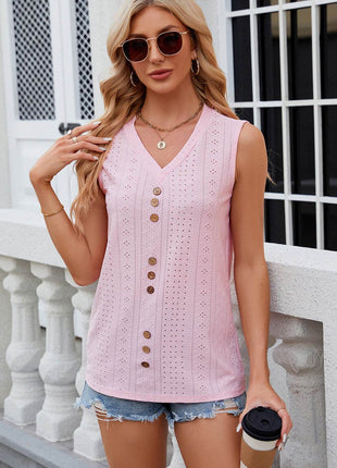Decorative Button Eyelet V-Neck Tank - MimiStylez