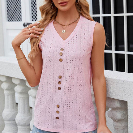 Decorative Button Eyelet V-Neck Tank - MimiStylez