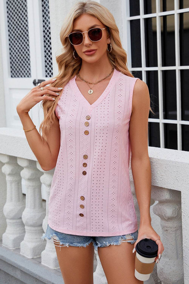 Decorative Button Eyelet V-Neck Tank - MimiStylez