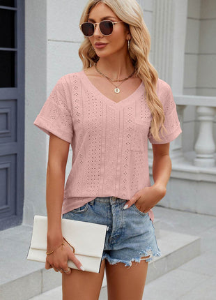 Eyelet V-Neck Short Sleeve T-Shirt - MimiStylez