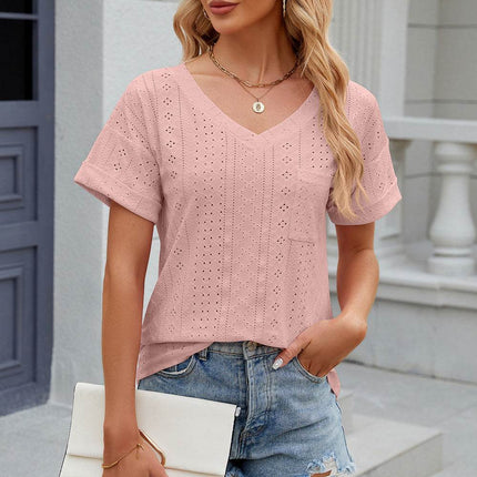 Eyelet V-Neck Short Sleeve T-Shirt - MimiStylez
