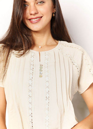Double Take Crochet Buttoned Short Sleeves Top - MimiStylez