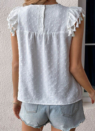 Swiss Dot Tassel Detail Round Neck Blouse - MimiStylez