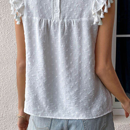 Swiss Dot Tassel Detail Round Neck Blouse - MimiStylez