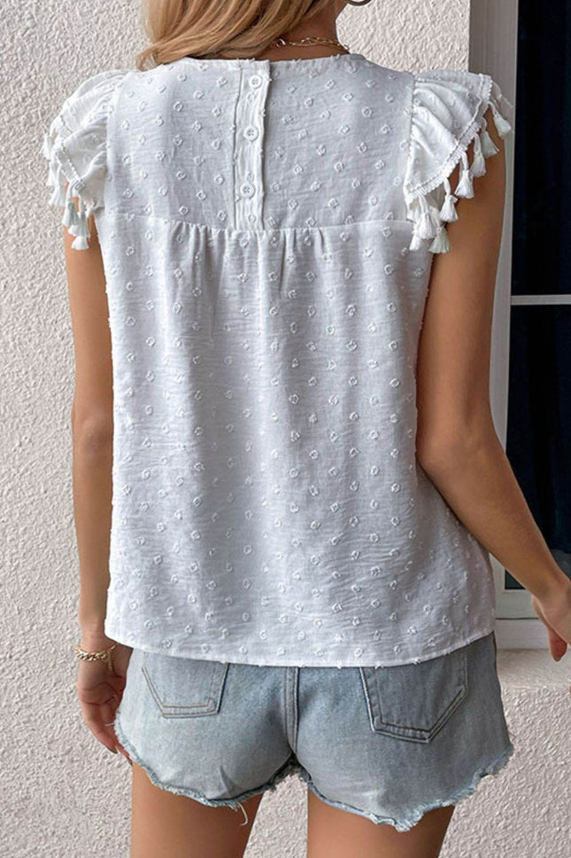 Swiss Dot Tassel Detail Round Neck Blouse - MimiStylez