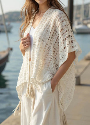 Openwork Tassel Open Front Knit Cover Up - MimiStylez