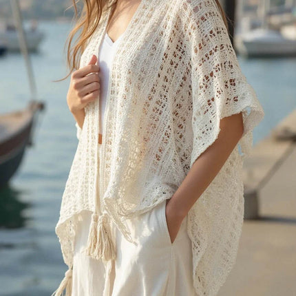 Openwork Tassel Open Front Knit Cover Up - MimiStylez