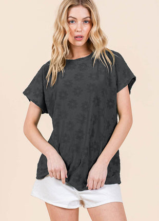 BOMBOM Textured Floral Pattern Short Sleeve T-Shirt - MimiStylez