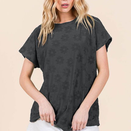 BOMBOM Textured Floral Pattern Short Sleeve T-Shirt - MimiStylez