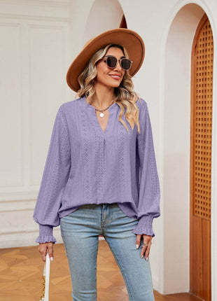 Notched Neck Flounce Sleeve Blouse - MimiStylez