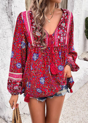Printed Tie Neck Long Sleeve Blouse - MimiStylez