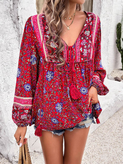Printed Tie Neck Long Sleeve Blouse - MimiStylez