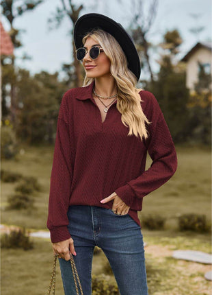 Collared Neck Cable-Knit Long Sleeve Blouse - MimiStylez