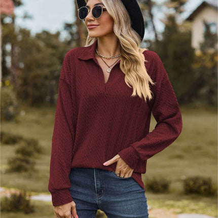 Collared Neck Cable-Knit Long Sleeve Blouse - MimiStylez