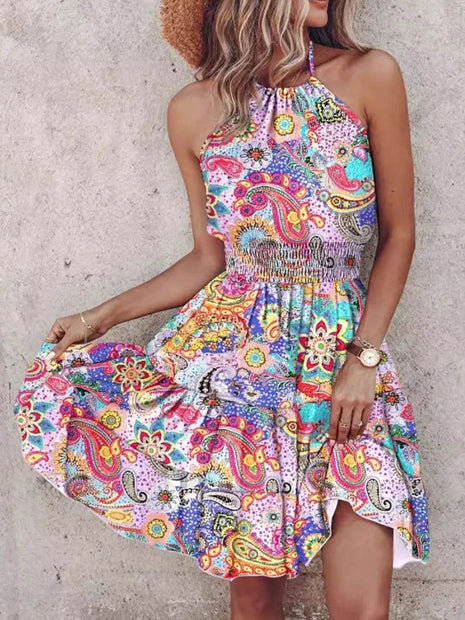 Paisley Print Halter Neck Mini Dress - MimiStylez