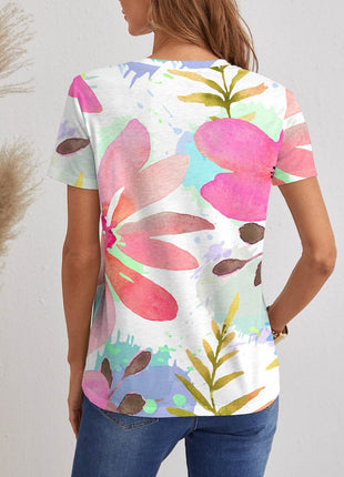 Printed V-Neck Short Sleeve T-Shirt - MimiStylez