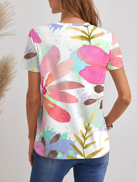 Printed V-Neck Short Sleeve T-Shirt - MimiStylez