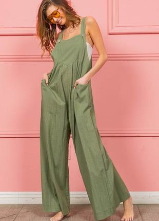 BiBi Ruched Wide Leg Overalls with Pockets - MimiStylez
