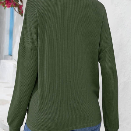 Half Button Collared Neck Long Sleeve Top - MimiStylez