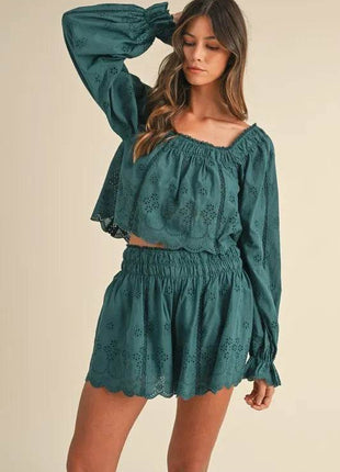 MABLE Embroidered Scalloped Lace Top and Short Set - MimiStylez