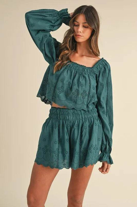 MABLE Embroidered Scalloped Lace Top and Short Set - MimiStylez