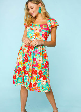 Haptics Floral Square Neck Short Sleeve Dress - MimiStylez