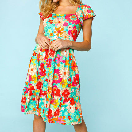 Haptics Floral Square Neck Short Sleeve Dress - MimiStylez
