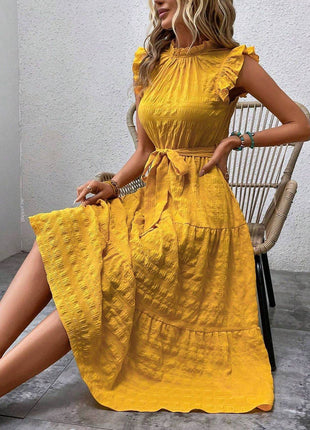 Tied Ruffled Cap Sleeve Midi Dress - MimiStylez