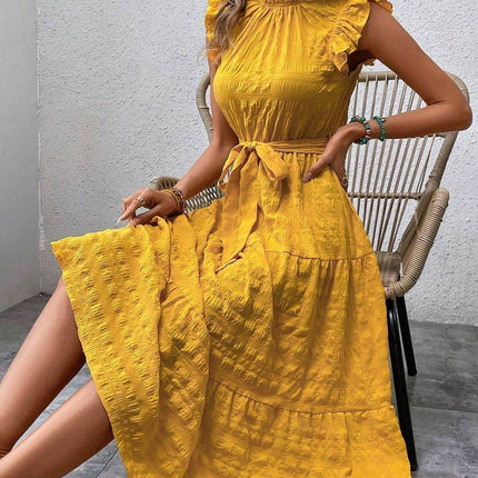 Tied Ruffled Cap Sleeve Midi Dress - MimiStylez