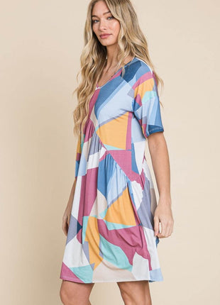 BOMBOM Ruched Color Block Short Sleeve Dress - MimiStylez