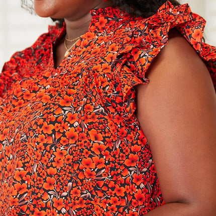 Double Take Floral Flutter Sleeve Notched Neck Blouse - MimiStylez