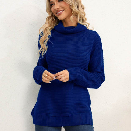 Slit Turtleneck Dropped Shoulder Sweater - MimiStylez