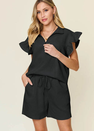 Double Take Full Size Texture Flounce Sleeve Top and Drawstring Shorts Set - MimiStylez