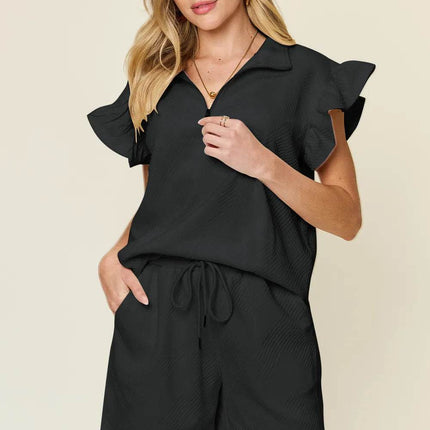 Double Take Full Size Texture Flounce Sleeve Top and Drawstring Shorts Set - MimiStylez