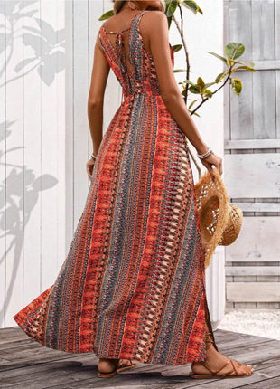 Tied Back Printed Sleeveless Maxi Slit Dress - MimiStylez