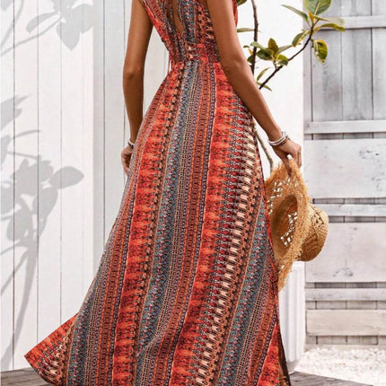 Tied Back Printed Sleeveless Maxi Slit Dress - MimiStylez